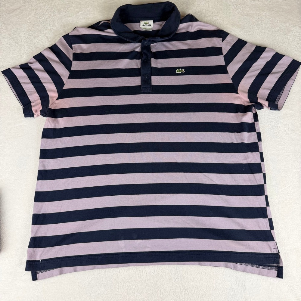 Lacoste Mens Striped Polo Shirt Navy Purple Size 8 3XL Short Sleeve Snap Placket